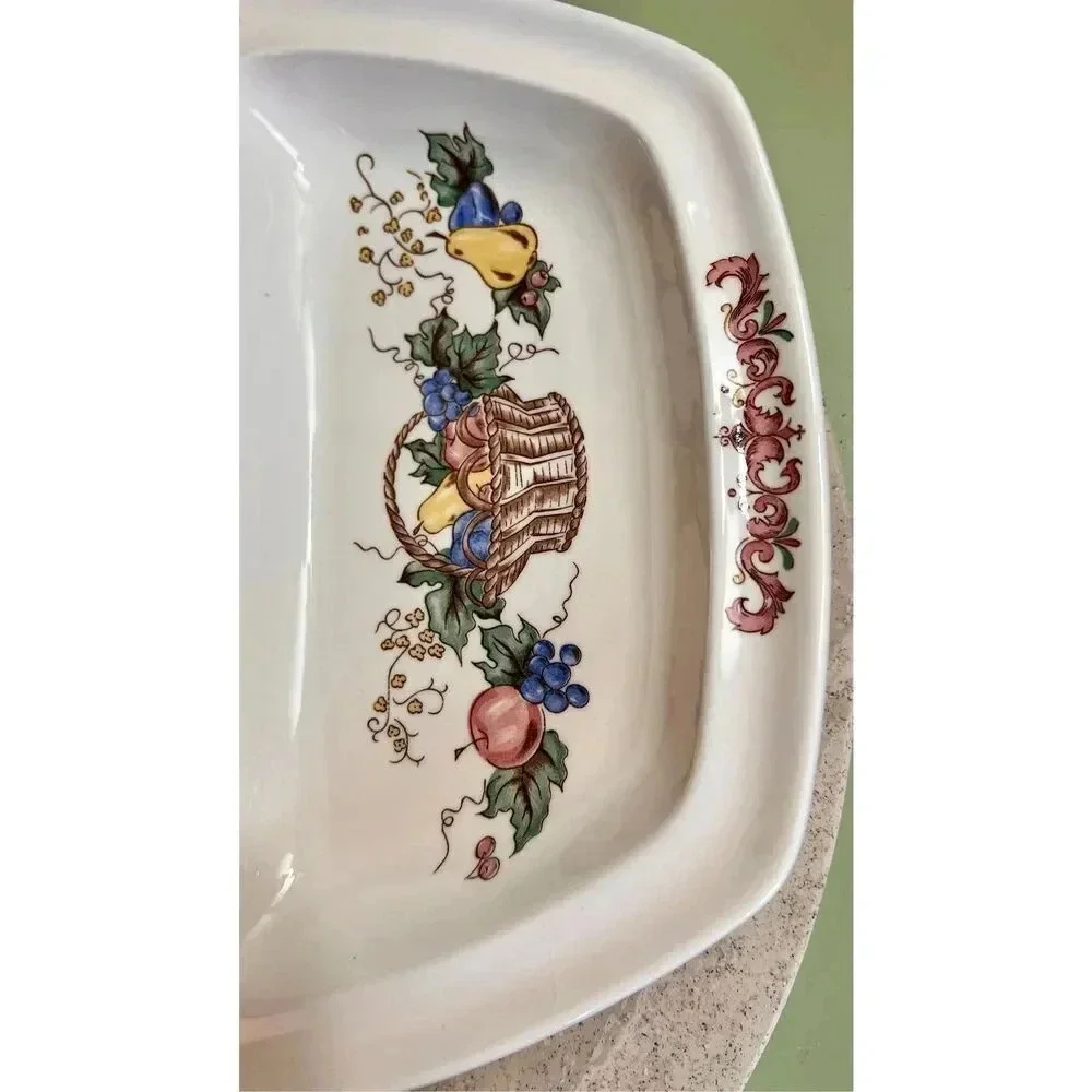 Multicolor Fruit Motif‎ Vintage Oval Ceramic Platter Divided Serving Tray